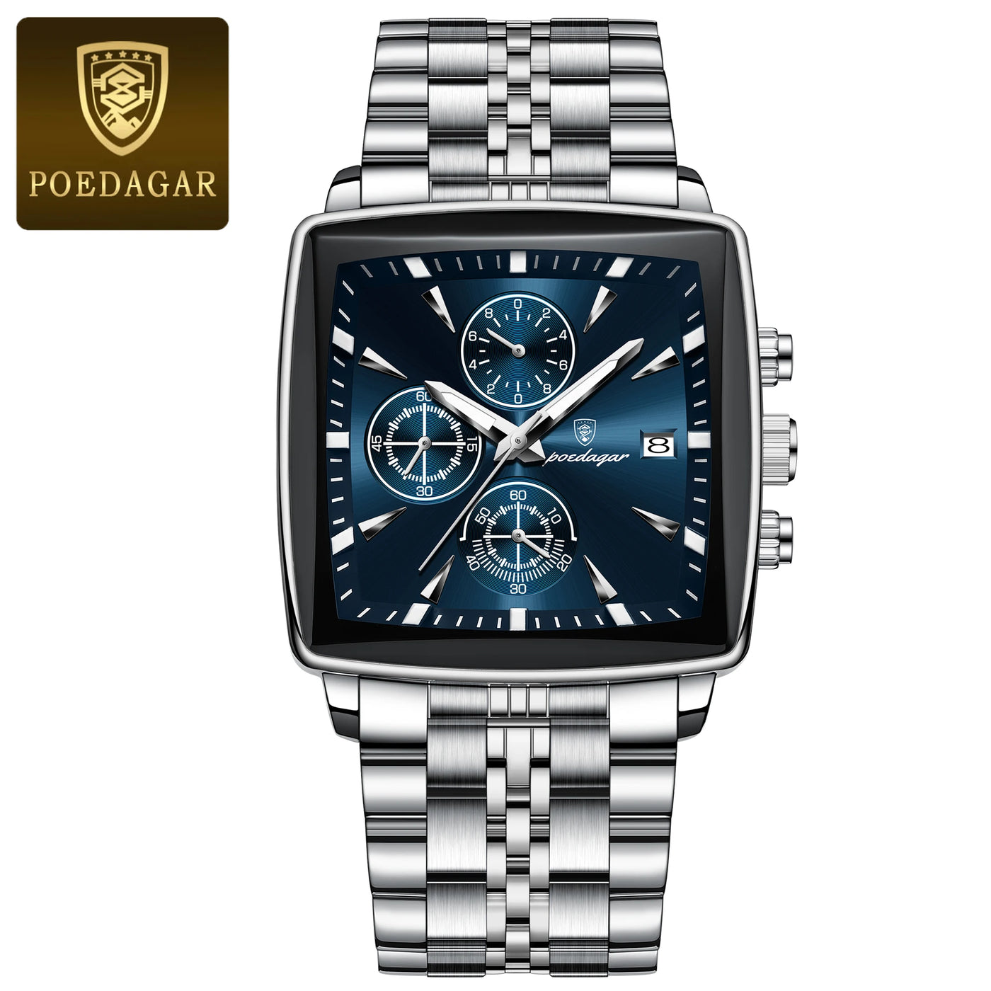 POEDAGAR Square Men Watch Waterproof Luminous Chronograph Calendar Man Wristwatch Stainless Steel Quartz Men's Watches+Box Reloj - LKBA