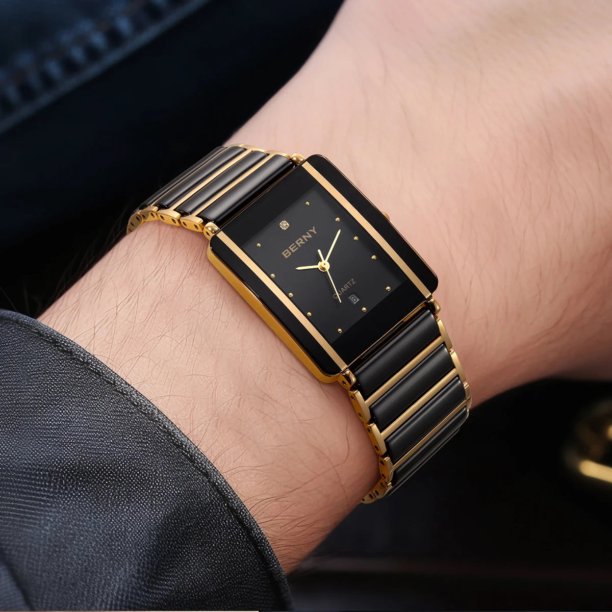 BERNY Ceramic Quartz Men Watch Fashion Luxury Rectangle Wristwatch XV12 Waterproof Calendar Diamon Black Gold Couple Gifts Watch - LKBA