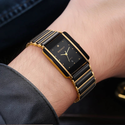 BERNY Ceramic Quartz Men Watch Fashion Luxury Rectangle Wristwatch XV12 Waterproof Calendar Diamon Black Gold Couple Gifts Watch - LKBA