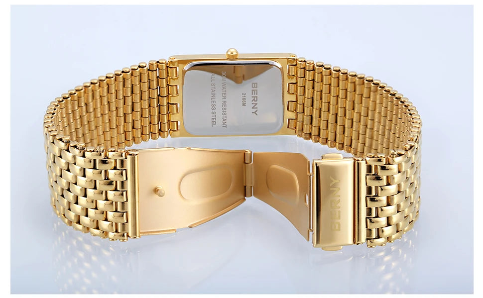 BERNY Gold Watch for Couple Luxury Women/Men Wristwatch Waterproof Golden Clock Quartz Stainless Steel Fashion Men Ladies Watch - LKBA
