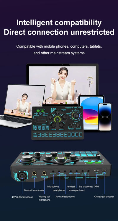 Audio Mixer with Voice changer, Podcast Mixer, Sound Card for Phone Gaming Karaoke Studio Live Streaming Podcast - LKBA