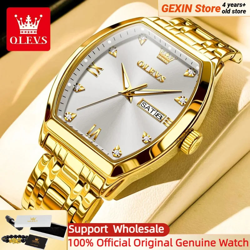 OLEVS New Men's Watches Quartz Luxury Gold Watch Classics Tonneau Dial Top Brand Waterproof Luminous Quartz Watch for Men 5528 - LKBA