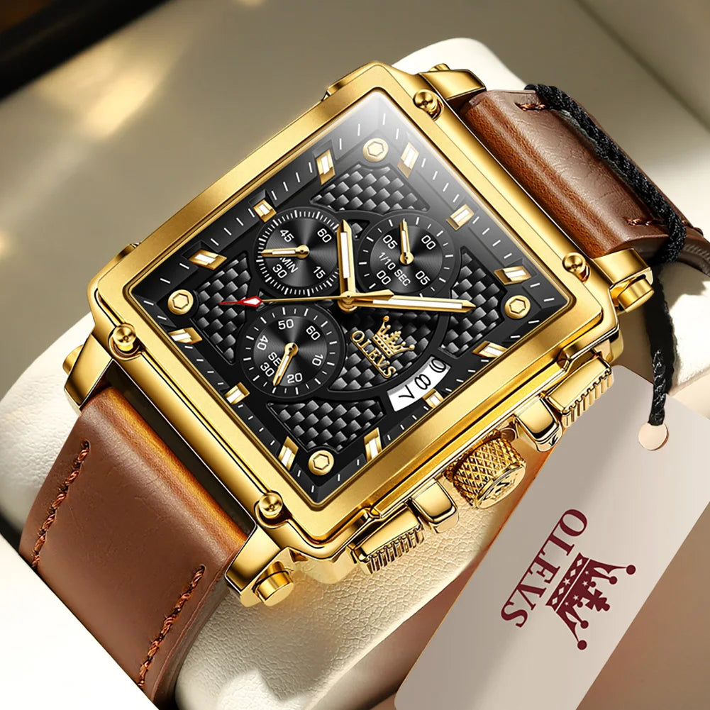OLEVS Luxury Classic Men's Watches Top Brand Original Quartz Square Quartz Watch for Man Leather Strap Waterproof Luminous Date - LKBA