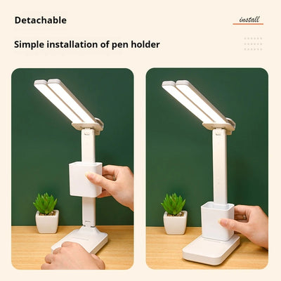 LED double-head desk lamp, 3-level dimmable touch night light, USB rechargeable, eye-protection, foldable bedside reading desk - LKBA