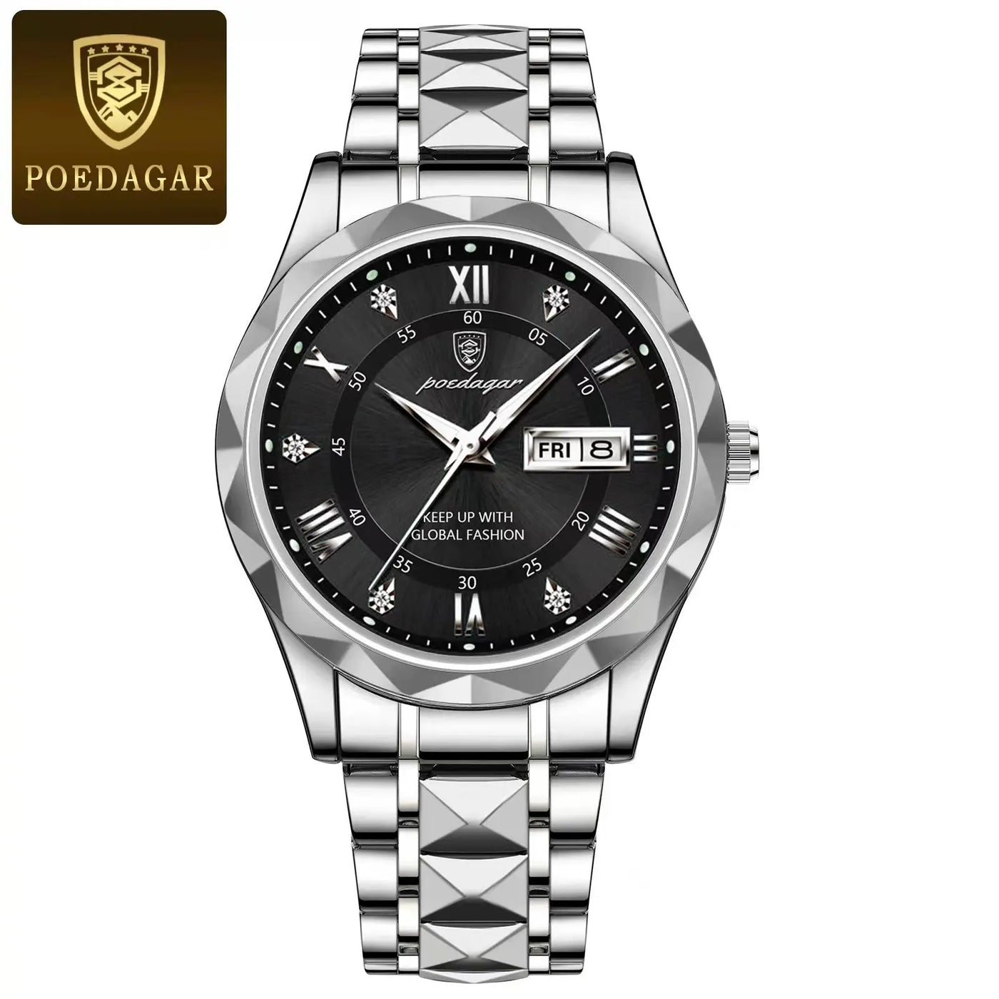 POEDAGAR Top Brand Luxury Men's Watches Waterproof Luminous Calendar Week Watch For Man Casual Stainless Steel Quartz Men Watch - LKBA