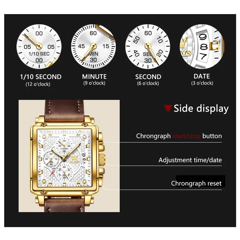 OLEVS Men's Top Brand Square Quality Quartz Wristwatch Chronograph Waterproof Original Watch for Man Luminous Date Luxury - LKBA