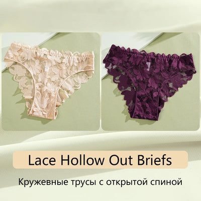 2Pcs Women's Satin Floral Lace Underwear Sexy Hollow Out Panties Solid Low-Waist Perspective Briefs Girls Soft Lingerie - LKBA