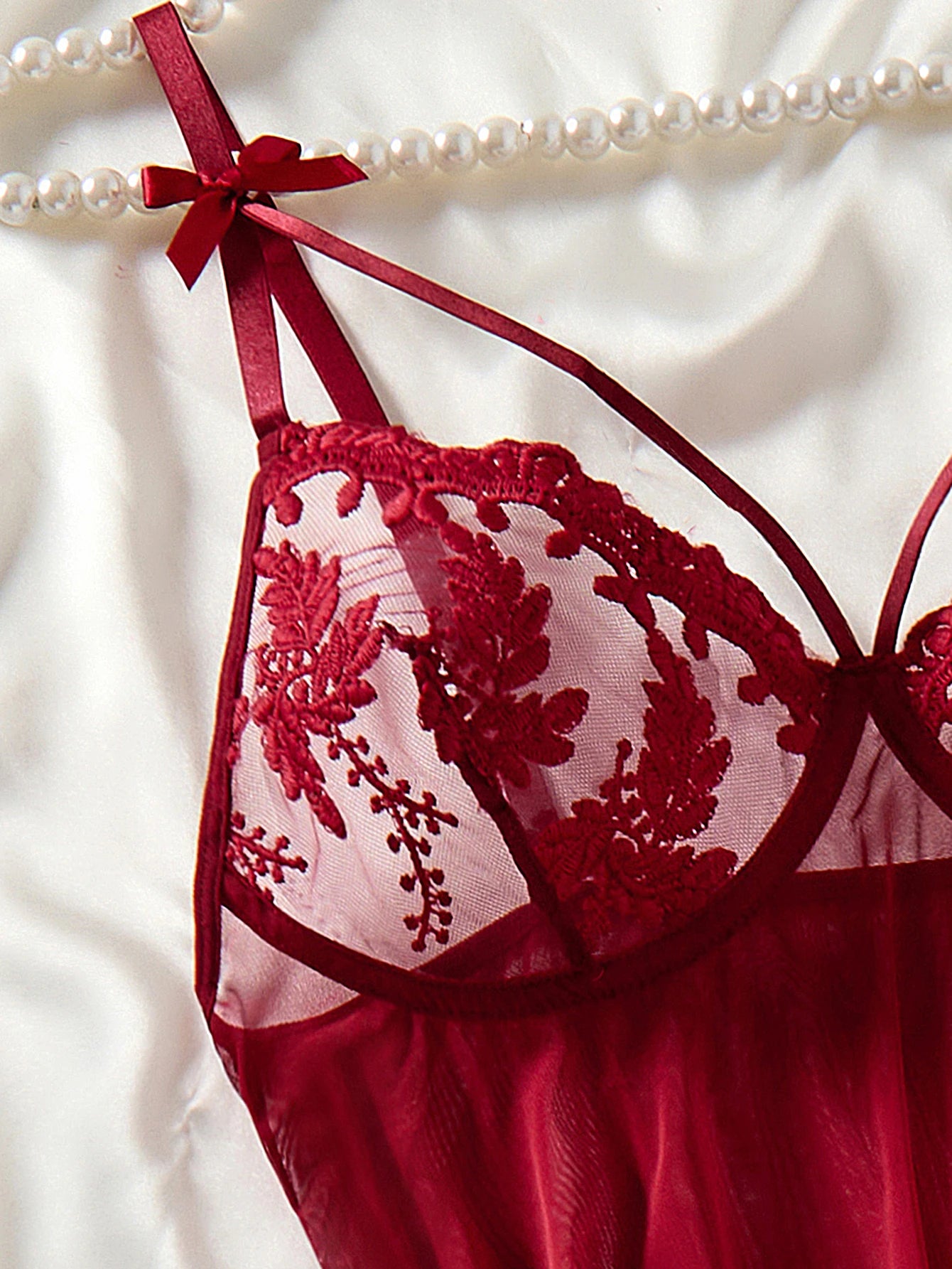 Ladies' wine-red countryside style wheat ear embroidery semitransparent nightgown - LKBA