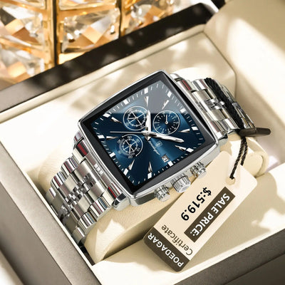 POEDAGAR Square Men Watch Waterproof Luminous Chronograph Calendar Man Wristwatch Stainless Steel Quartz Men's Watches+Box Reloj - LKBA