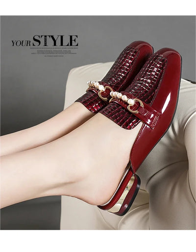 Summer New Pearl Painted Leather Low Heel Women's Slippers High Quality Flat Bottom Half Slippers Comfortable Fashionable - LKBA