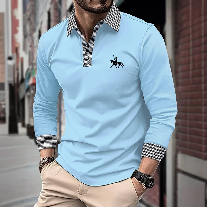 Spring and Autumn Men's Long Sleeve Polo Shirt Classic Business Office T-shirt Male Street Casual Fashion Solid Color Top - LKBA