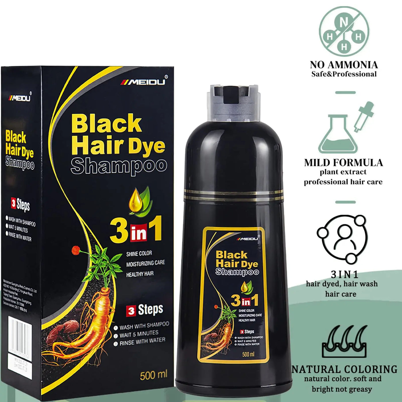 100ml/500ml Hair Dye Shampoo 3in1 Darkening Hairs Instant Gray To Black Polygonum Multiflorum Natural Coloing Cover Men Women - LKBA