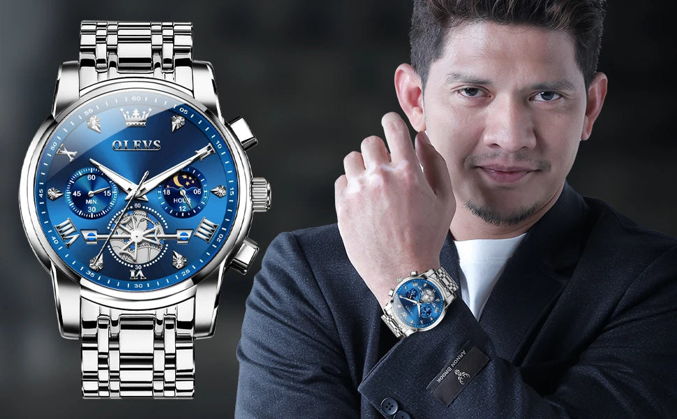 OLEVS 2856 Quartz Watch for Men Flywheel Skeleton Chronograph Moon Phase Multifunctional Stainless steel Men's Wristwatches - LKBA