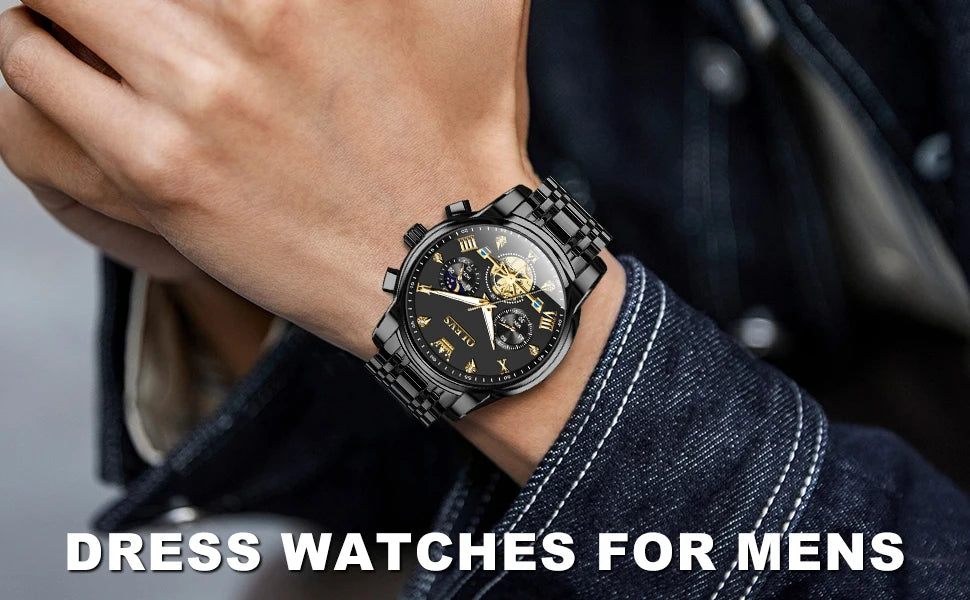 OLEVS 2856 Quartz Watch for Men Flywheel Skeleton Chronograph Moon Phase Multifunctional Stainless steel Men's Wristwatches - LKBA