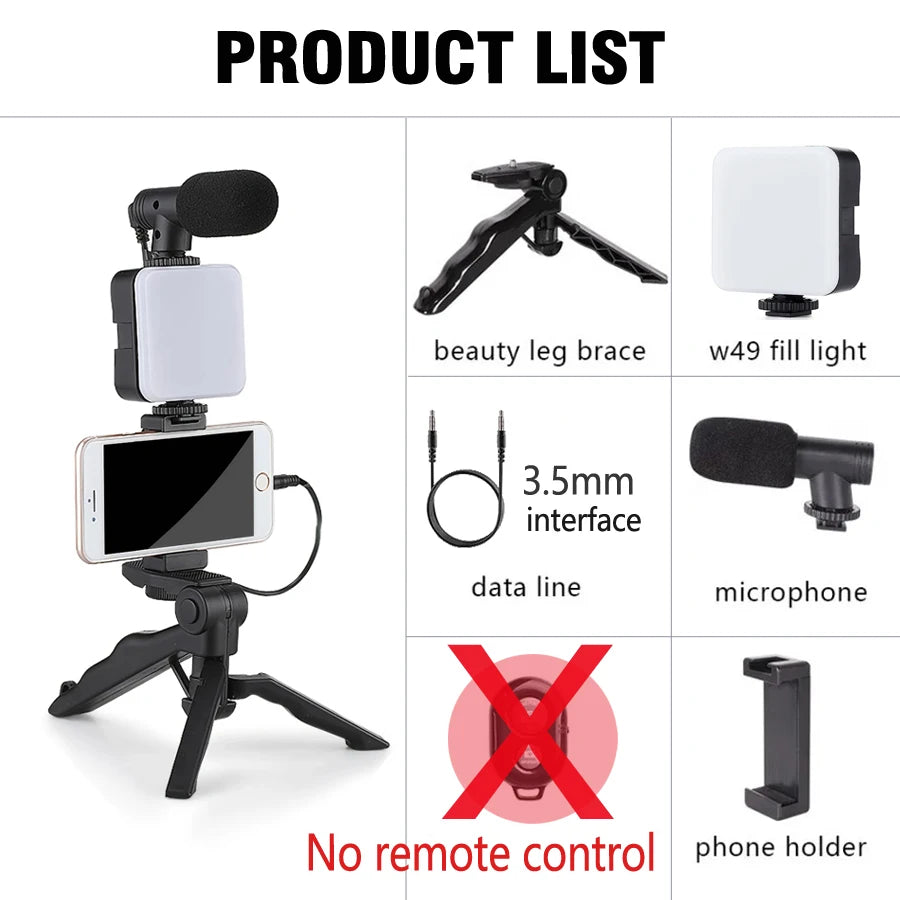 Smartphone Vlogging Kit with Tripod Phone Holder Mini Microphone LED Fill Light - LKBA
