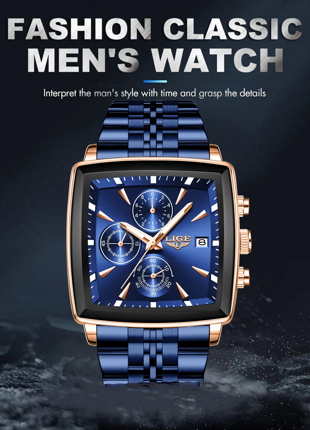 LIGE Top Brand Luxury Mens Watches Fashion Military Square Chronograph Quartz Wristwatches For Men Sports Waterproof Watch Men - LKBA