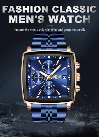 LIGE Top Brand Luxury Mens Watches Fashion Military Square Chronograph Quartz Wristwatches For Men Sports Waterproof Watch Men - LKBA