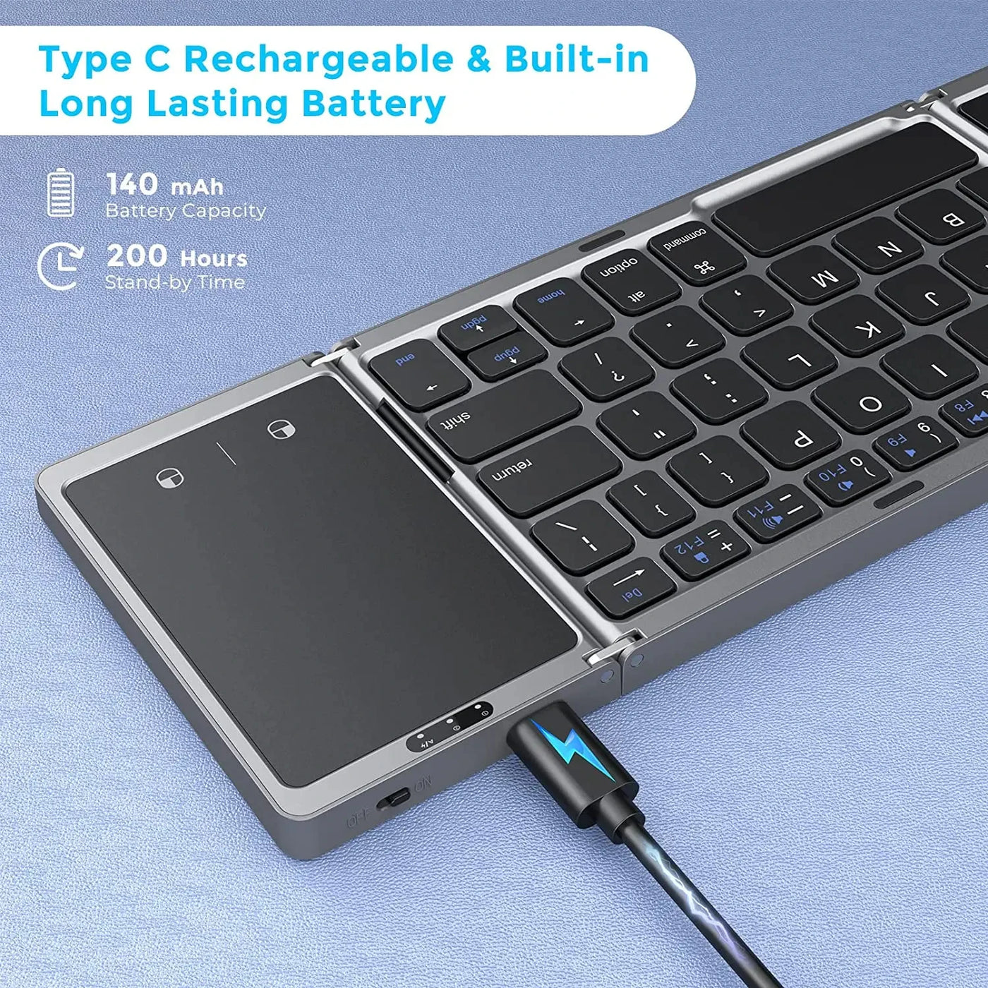 Bluetooth 5.1 Keyboard 3-Folding Mini Keyboard Rechargeable Foldable Keyboard with Touchpad - LKBA