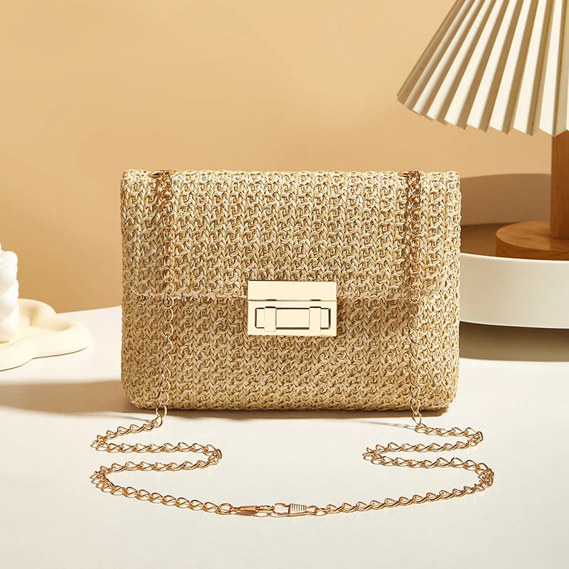 Fashion Straw Women Chain Shoulder Bag Woven High-Capacity Buckle Closure Clutch Handmade - LKBA