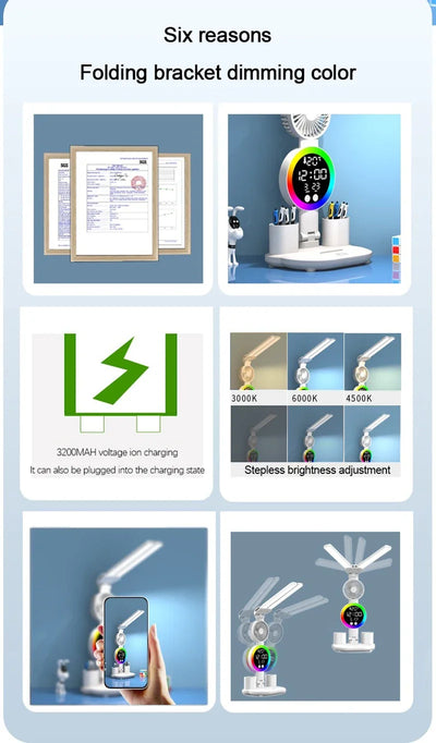 Rechargeable Led Table Lamp for Study Desk Lamp Reading Light Led Night Light with Fan Led Clock Dispaly Reading Desk Light - LKBA