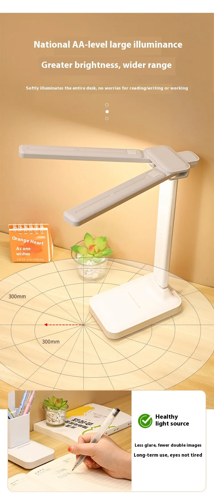 LED double-head desk lamp, 3-level dimmable touch night light, USB rechargeable, eye-protection, foldable bedside reading desk - LKBA
