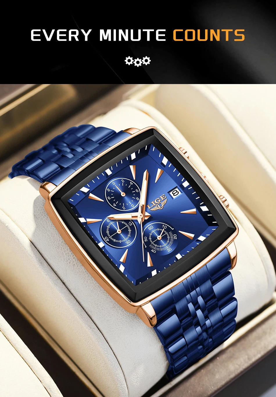 LIGE Top Brand Luxury Mens Watches Fashion Military Square Chronograph Quartz Wristwatches For Men Sports Waterproof Watch Men - LKBA