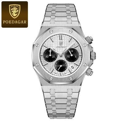 POEDAGAR Original Luxury Men's Watches Date Chronograph Stainless Steel Quartz Watch Waterproof Luminous Fashion Man Wristwatch - LKBA