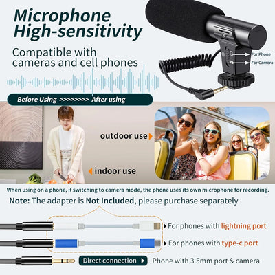 Portable Vlogging Kit 48IN Phone Camera Tripod with Microphone LED Light for Photo Vlog Selfie Interview Live Streaming - LKBA