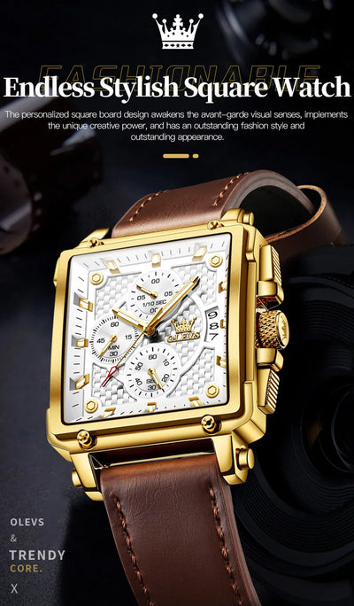 OLEVS Men's Top Brand Square Quality Quartz Wristwatch Chronograph Waterproof Original Watch for Man Luminous Date Luxury - LKBA
