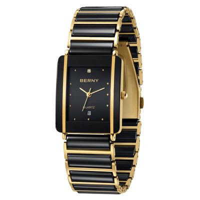 BERNY Ceramic Quartz Men Watch Fashion Luxury Rectangle Wristwatch XV12 Waterproof Calendar Diamon Black Gold Couple Gifts Watch - LKBA