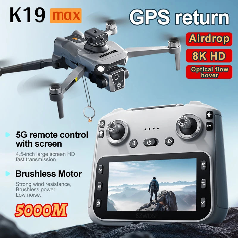 New K19 Max Drone 4.5-Inch Large Screen 360° Obstacle Avoidance GPS Positioning Optical Flow Positioning RC Airdrop Device - LKBA