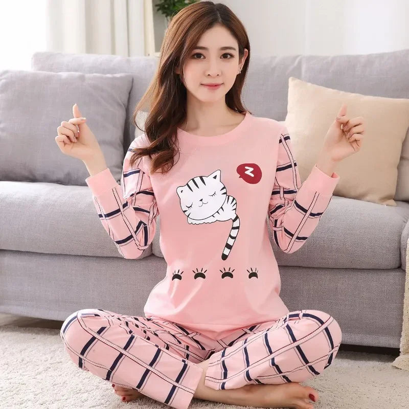 Autumn 2pieces Pyjamas Set Women Thin Sexy Sleepwear Lovely Home Suit 2025 Round Neck Girls Teacup Sleepwear Long Sleeve Pajamas - LKBA