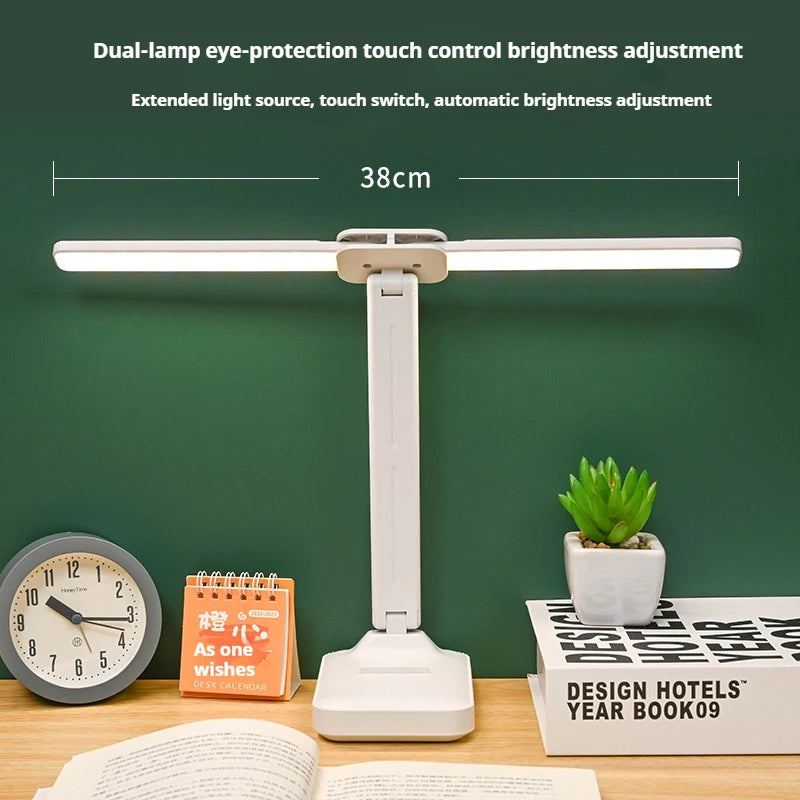 LED double-head desk lamp, 3-level dimmable touch night light, USB rechargeable, eye-protection, foldable bedside reading desk - LKBA