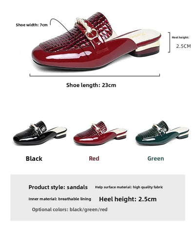 Summer New Pearl Painted Leather Low Heel Women's Slippers High Quality Flat Bottom Half Slippers Comfortable Fashionable - LKBA