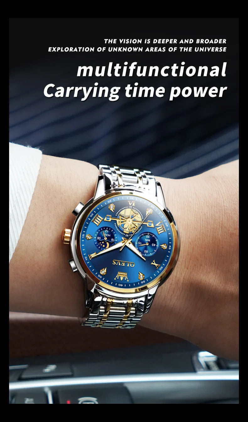 OLEVS 2856 Quartz Watch for Men Flywheel Skeleton Chronograph Moon Phase Multifunctional Stainless steel Men's Wristwatches - LKBA