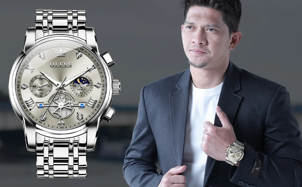 OLEVS 2856 Quartz Watch for Men Flywheel Skeleton Chronograph Moon Phase Multifunctional Stainless steel Men's Wristwatches - LKBA