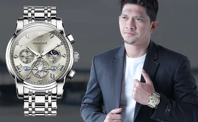 OLEVS 2856 Quartz Watch for Men Flywheel Skeleton Chronograph Moon Phase Multifunctional Stainless steel Men's Wristwatches - LKBA