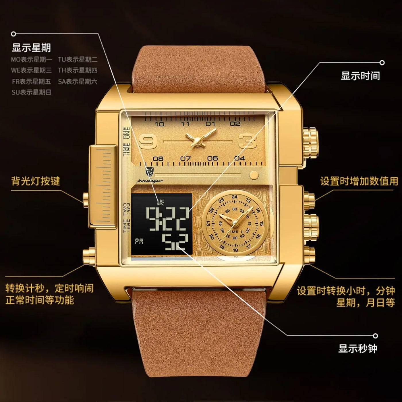 Luxury Man Wristwatch Rectangle Waterproof Luminous Day Week Men Watch - LKBA