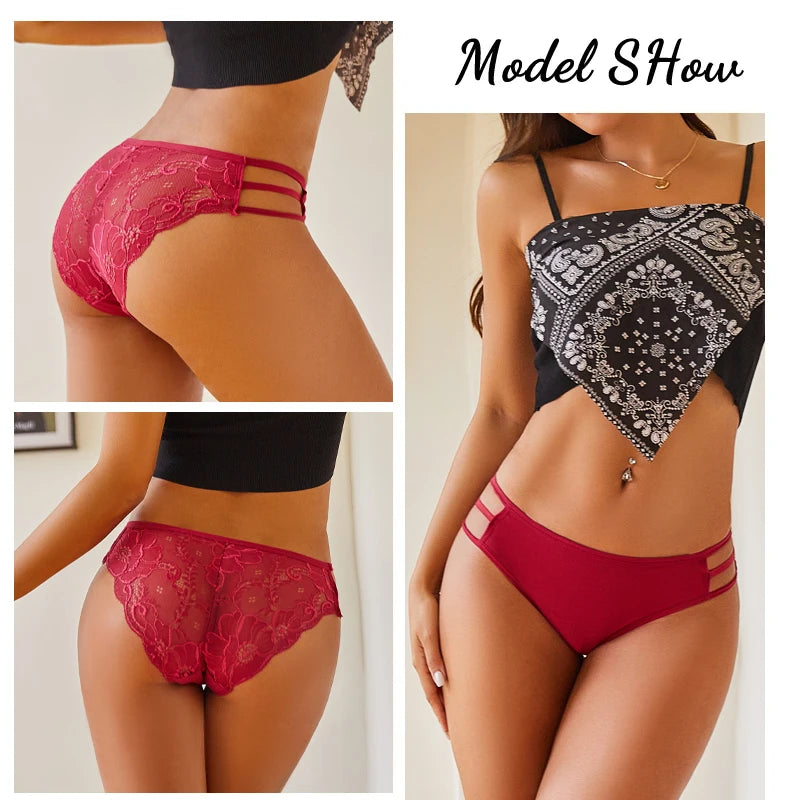3PC/Set Women's Sexy Floral Lace Panties Low Rise Hollow Out Briefs Transparent Underwear Female Elastic Straps Soft Lingerie - LKBA