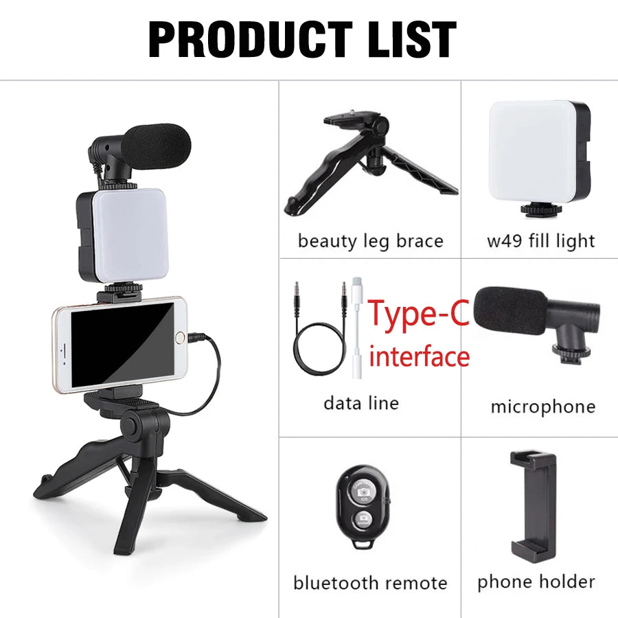 Smartphone Vlogging Kit with Tripod Phone Holder Mini Microphone LED Fill Light - LKBA