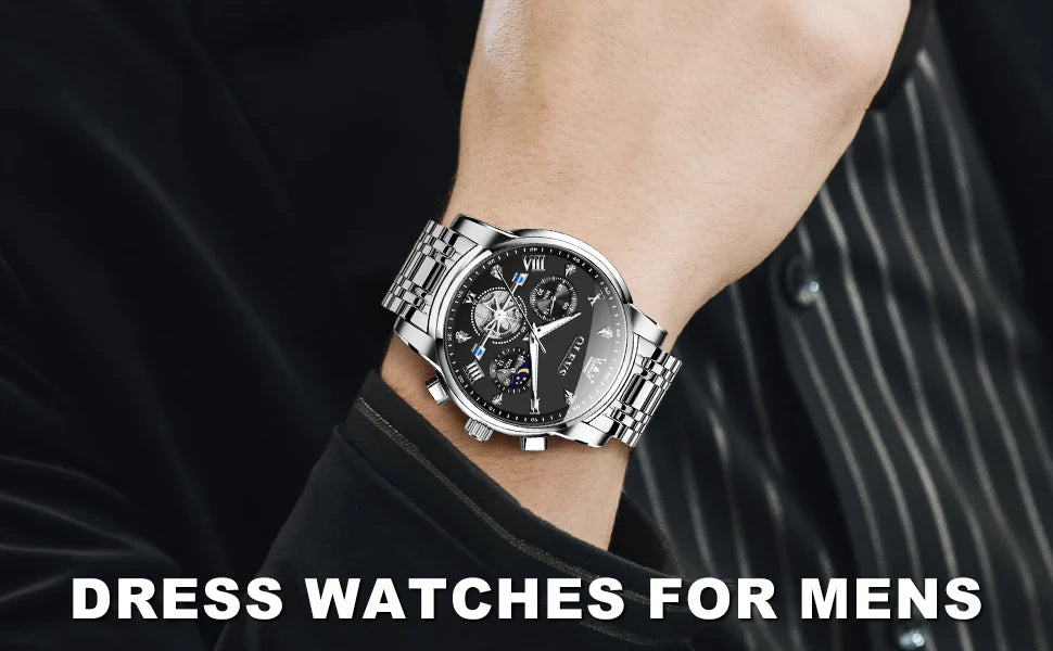 OLEVS 2856 Quartz Watch for Men Flywheel Skeleton Chronograph Moon Phase Multifunctional Stainless steel Men's Wristwatches - LKBA