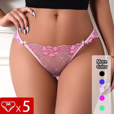 5pcs Lace Ladies G-string Perspective Floral Panties Low Waist Sexy Female Thongs Comfortable Breathable Intimate Lingerie Set - LKBA