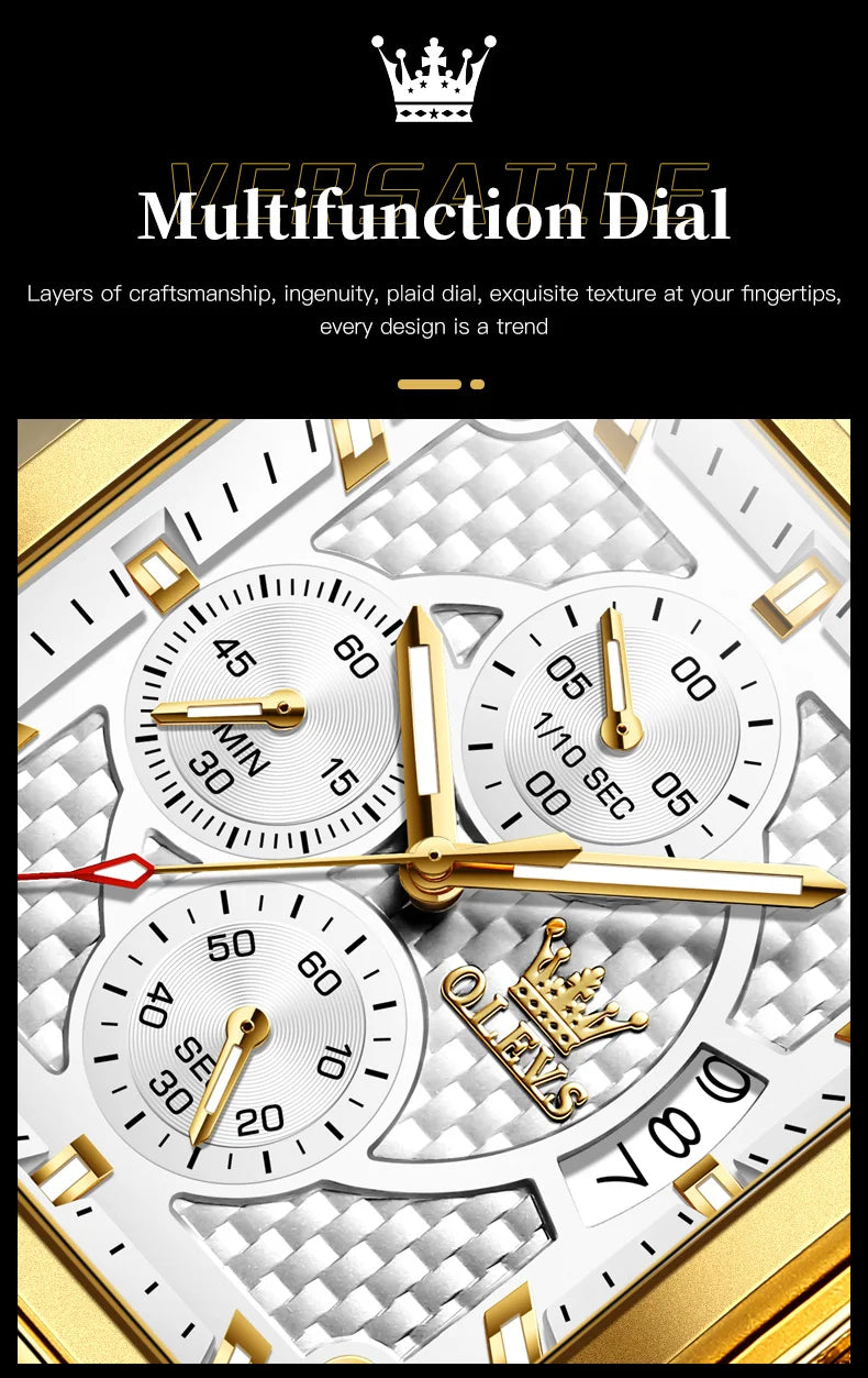 OLEVS Luxury Classic Men's Watches Top Brand Original Quartz Square Quartz Watch for Man Leather Strap Waterproof Luminous Date - LKBA