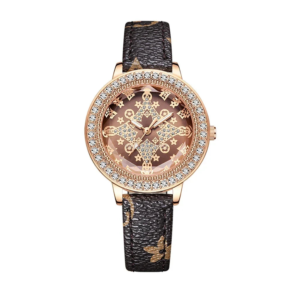Classic Fashion Quartz Wristwatches Sparkling Rhinestone Women's Watches Leather Strap Relojes Para Damas - LKBA