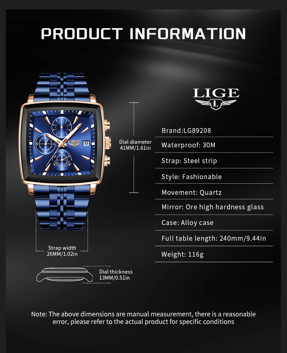 LIGE Top Brand Luxury Mens Watches Fashion Military Square Chronograph Quartz Wristwatches For Men Sports Waterproof Watch Men - LKBA