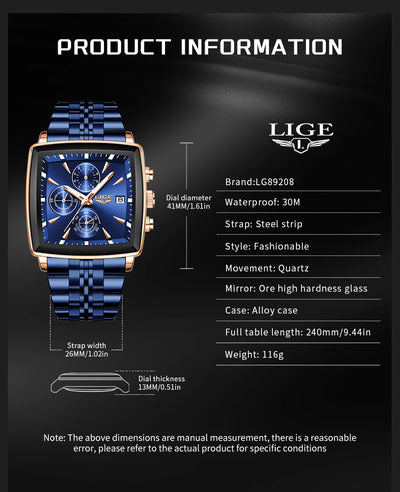 LIGE Top Brand Luxury Mens Watches Fashion Military Square Chronograph Quartz Wristwatches For Men Sports Waterproof Watch Men - LKBA
