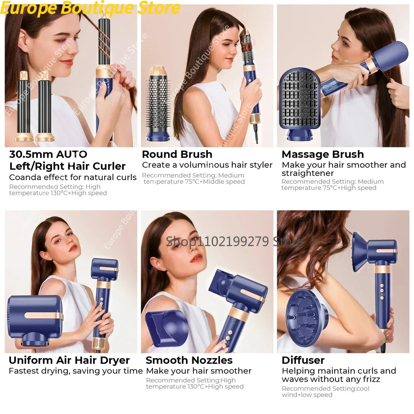 7 In 1 Hair Dryer Brush Brushless High Speed Hair Dryer with Diffuser Ionic Blow Dryer Hot Air Styling Comb Auto Hair Curler - LKBA