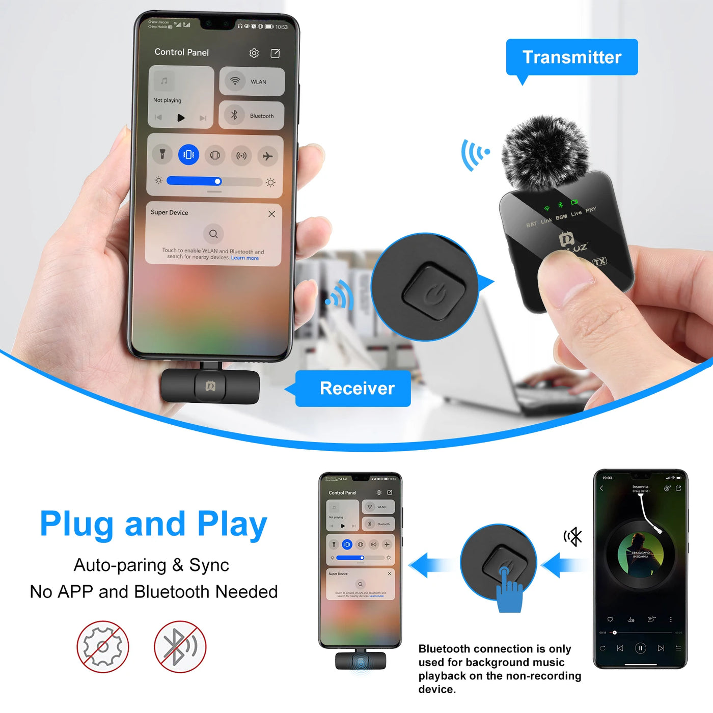 PULUZ Wireless Lavalier Microphone Portable Audio Video Recording Mini Mic for iPhone Android Outdoor Live Broadcast Phone Mic - LKBA