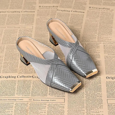 2025 New Women's Fashion Iron Head Thick Heel High Heel Half Slippers Summer Outdoor Wear Rubber Upper Foot Cover Shoes - LKBA