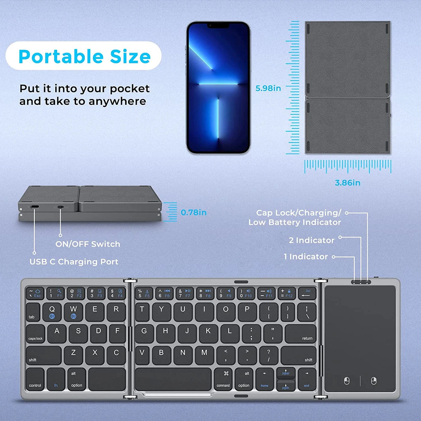 Bluetooth 5.1 Keyboard 3-Folding Mini Keyboard Rechargeable Foldable Keyboard with Touchpad - LKBA